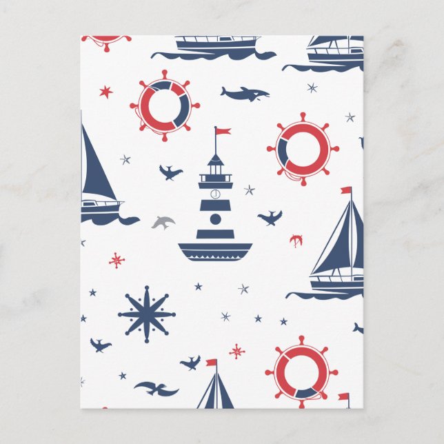 Blue, white and red nautical design postcard (Front)