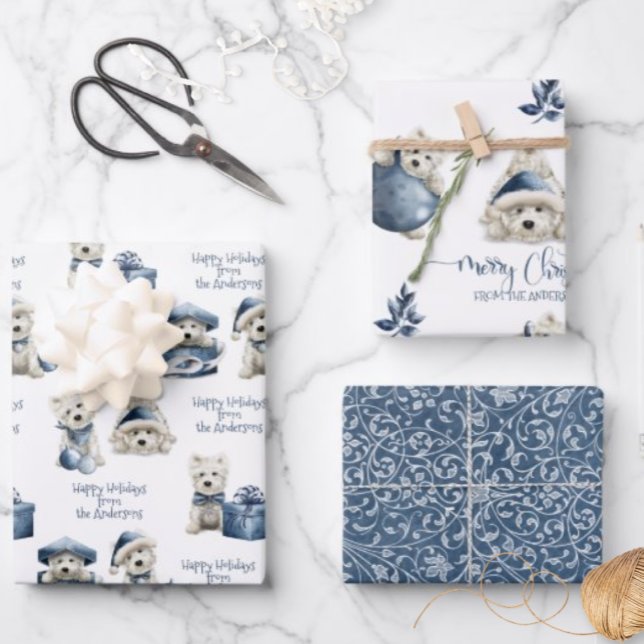 Blue White and Silver, White Festive Puppy Holiday Wrapping Paper Sheet (Creator Uploaded)