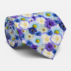 Blue White and Yellow Flowers Floral Collage Tie