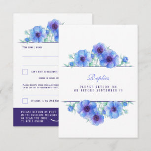 Blue white anemone floral wedding QR reply RSVP  Card