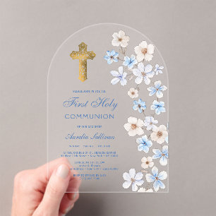 Blue White Anemones Arch First Communion Acrylic Invitations