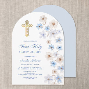 Blue White Anemones Arch First Communion Invitation