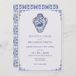 Blue white antique vase art wedding  invitation