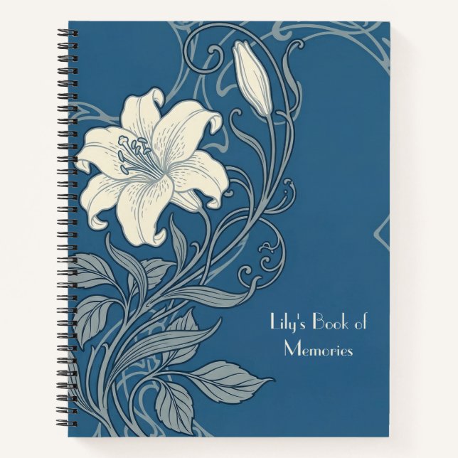 Blue & White Art Nouveau Lily Notebook (Front)
