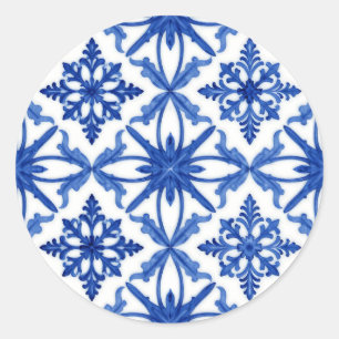 Blue White Azulejo Tile Floral Pattern Classic Round Sticker