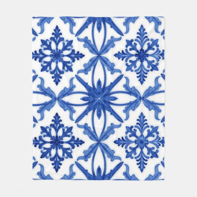 Blue White Azulejo Tile Floral Pattern Fleece Blanket (Front)