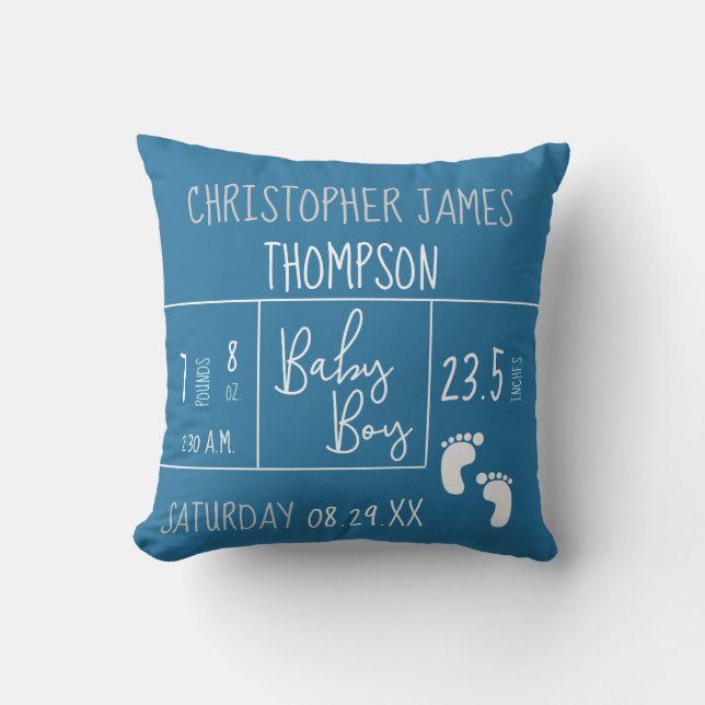 Blue White Baby Boy Photo Birth Announcement Cushion (Front)