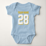 Blue White Baby Football Jersey Sports Romper Bodysuit<br><div class="desc">Cute football jersey bodysuit for baby. Mum and dad love sports. It's only natural the baby should too. Cute baby bodysuit in blue, white and gold yellow. You can customise the name and player number on the front and back of the jersey. Not just for football fans. Any type of...</div>