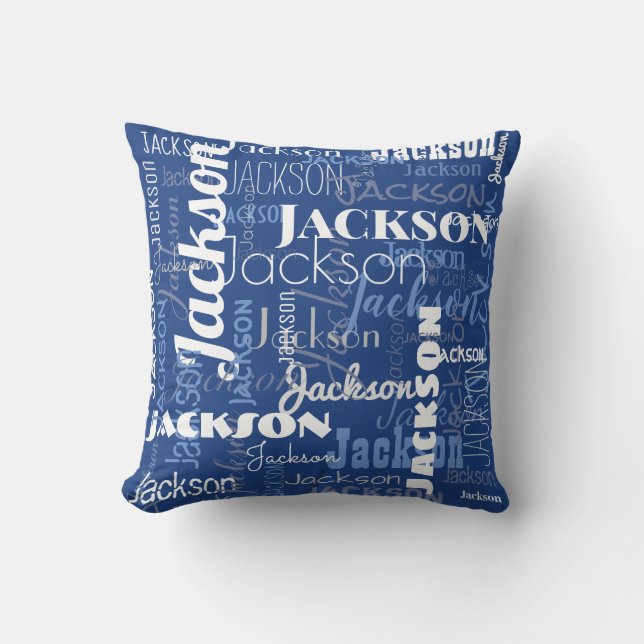 Blue White Baby Name Pattern Modern Typography Cushion (Front)