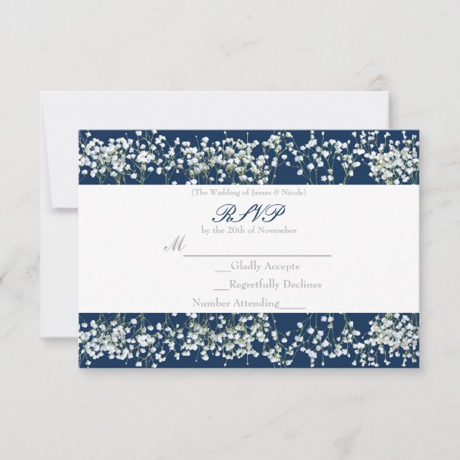 Blue & White Babys Breath Wedding RSVP card (Front)