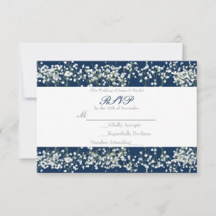 Blue & White Babys Breath Wedding RSVP card
