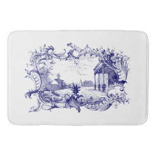 Blue & White Baroque Rococo Cartouche Ruins Scene Bath Mat