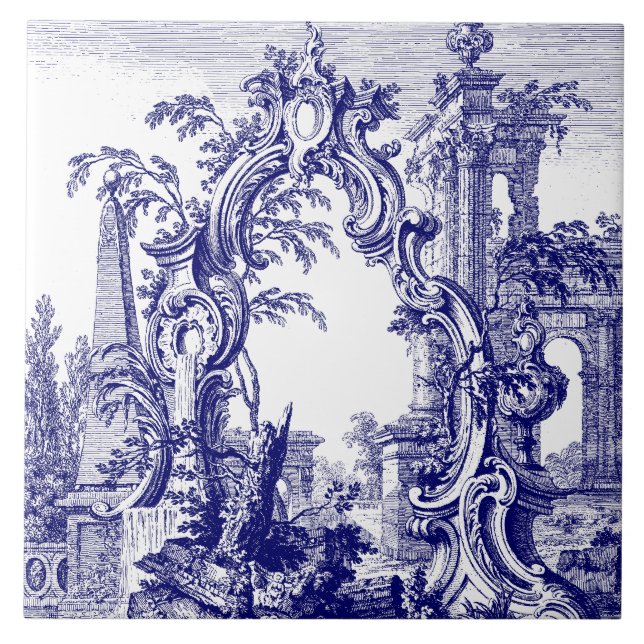 Blue & White Baroque Rococo Cartouche Ruins Tile (Front)