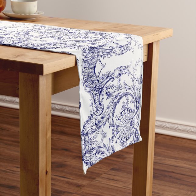 Blue & White Baroque Rococo Pattern Medium Table Runner (In Situ)