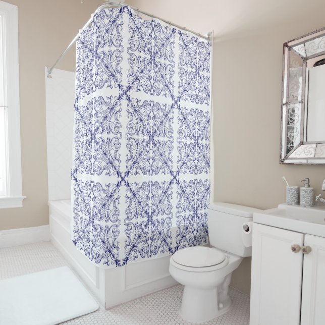 Blue & White Baroque Rococo Seashells Pattern Shower Curtain (In Situ)