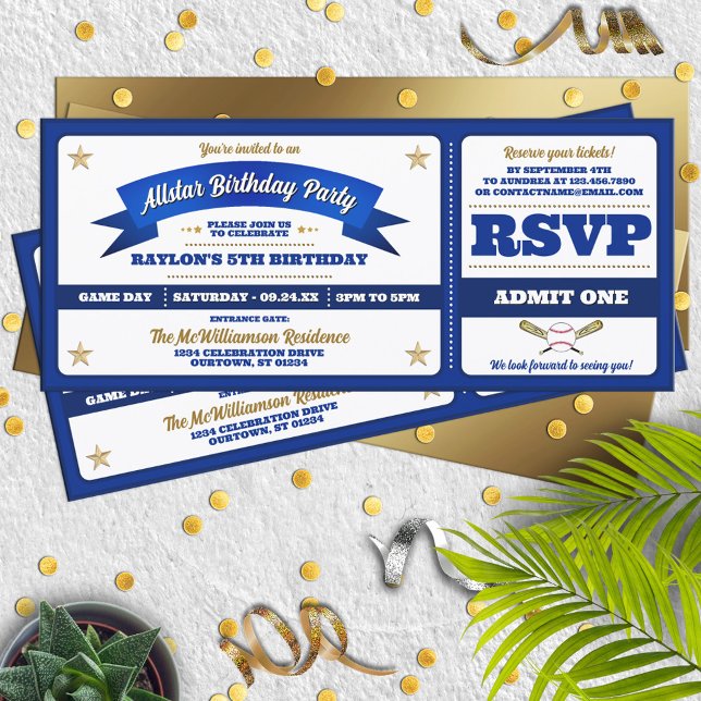 Blue & White Baseball Allstar Ticket Birthday Invitation (Creator Uploaded)