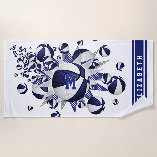 blue white basketballs stars girls monogrammed beach towel (Front)