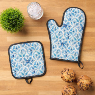 Blue White Batik Floral Bridal Shower Oven Mitt & Pot Holder Set