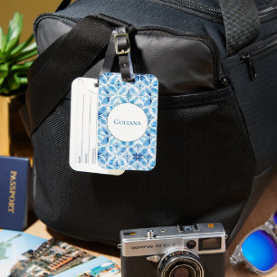 Blue White Batik Floral Name Luggage Tag