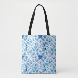 Blue White Batik Floral Tote Bag