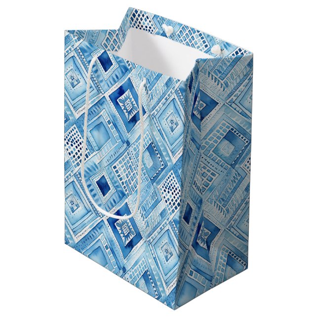 Blue White Batik Square Jewel Medium Gift Bag (Front Angled)