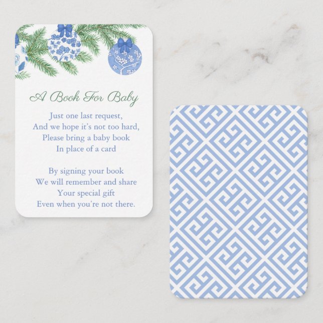 Blue White Bauble Holiday Baby Shower Bring A Book Enclosure Card (Front/Back)