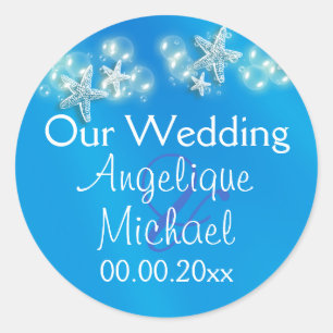 Blue white beach starfish wedding classic round sticker