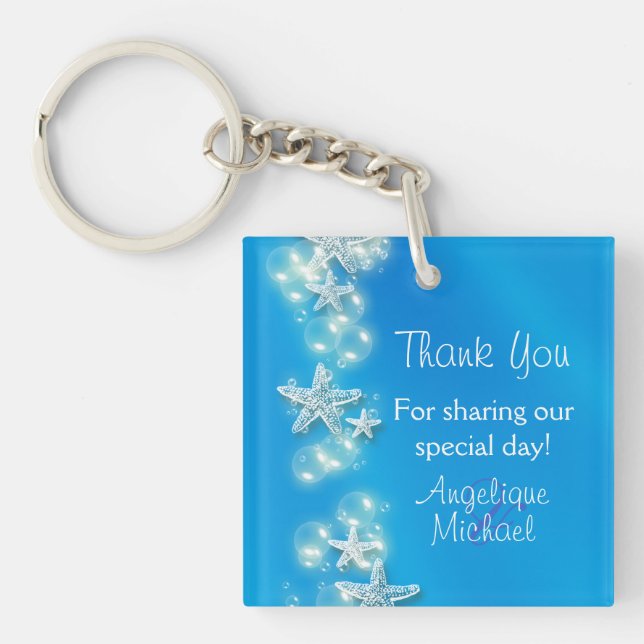 Blue white beach starfish wedding key ring (Front)