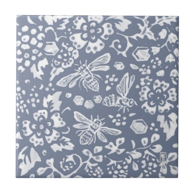 Blue White Bee Botanical Delft Dedham Painting Tile (Front)
