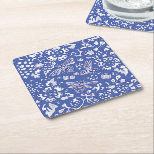 Blue White Bee Floral Rustic Farmhouse Cottage Square Paper Coaster