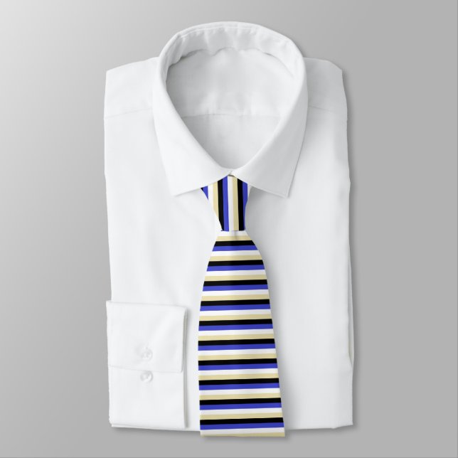 Blue, White, Beige and Black Stripes Tie (Tied)