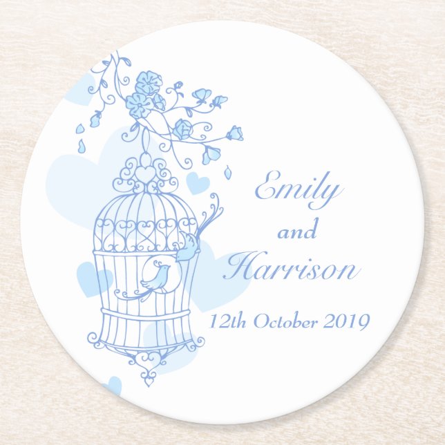 Blue & white birds open cage wedding coasters (Front)