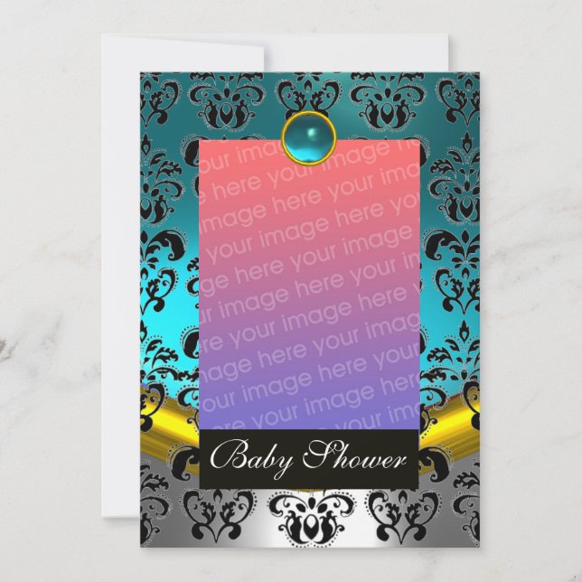 BLUE WHITE BLACK DAMASK BABY SHOWER MONOGRAM INVITATION (Front)