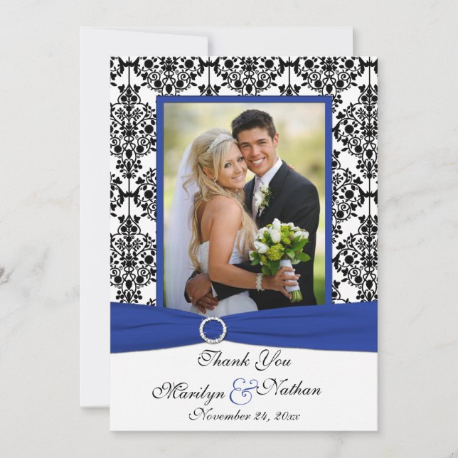 Blue, White, Black Damask Photo Thank You Card (Front)
