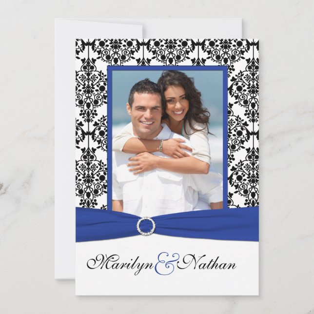 Blue, White, Black Damask Photo Wedding Invitation (Front)