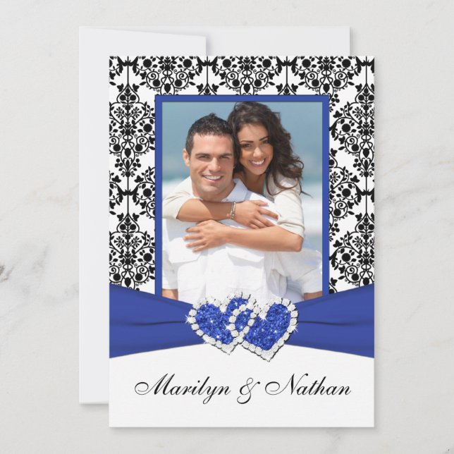 Blue, White, Black Damask Photo Wedding Invitation (Front)