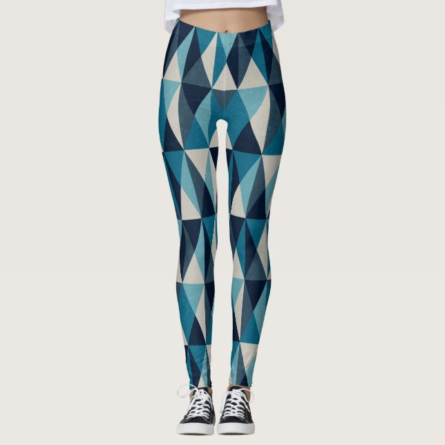 Blue White Black Geometric Rhombic Pattern Leggings (Front)