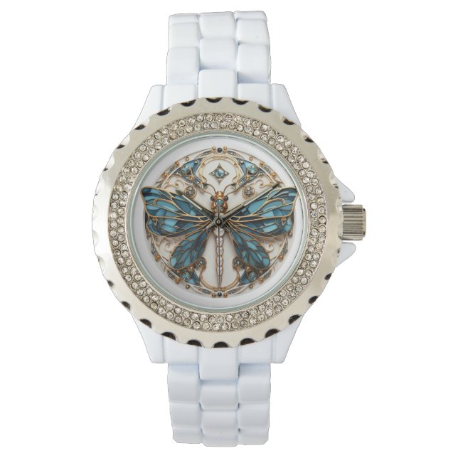  Blue White Black Gold Pretty Gems Dragonfly   Watch (Front)