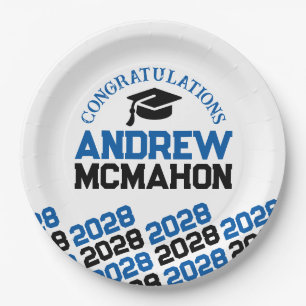 Blue, White & Black Half Repeat Grad Personalised Paper Plate