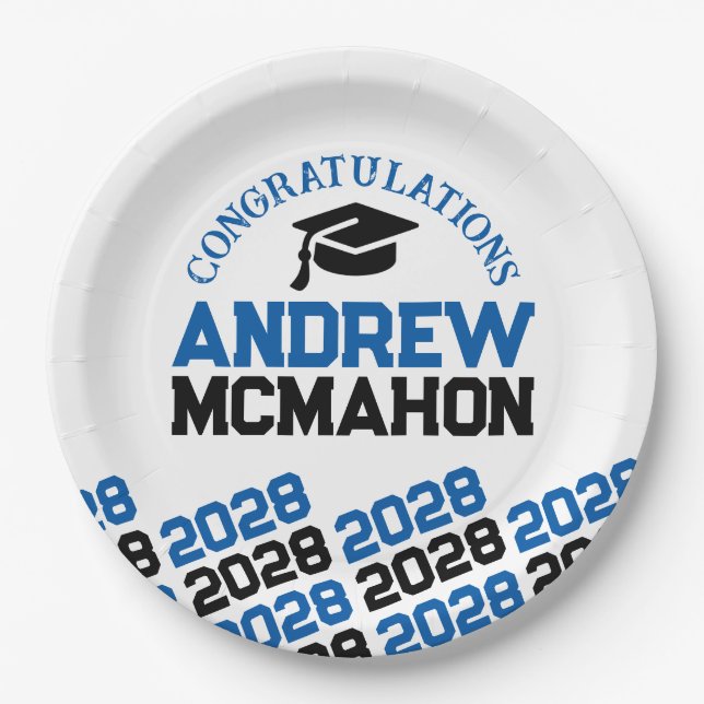Blue, White & Black Half Repeat Grad Personalised Paper Plate (Front)