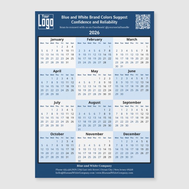 Blue White Black Your Logo 2026 Magnetic Calendar (Front)