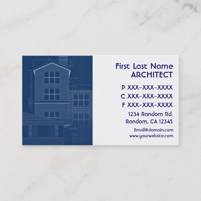 Blue white blueprint architect business cards (Front)