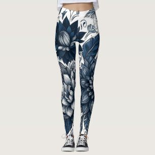 Blue & White Bohemian Floral Print Leggings