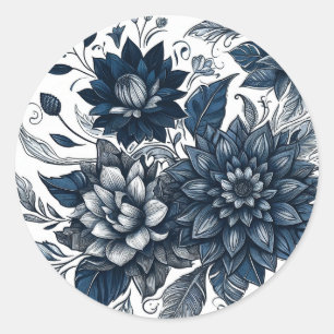 Blue & White Bohemian Floral Wedding Classic Round Sticker