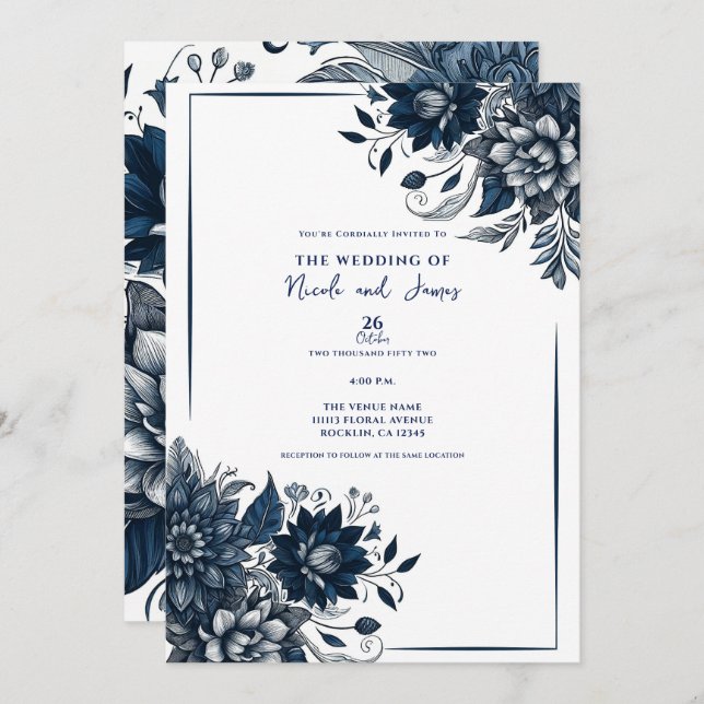 Blue & White Bohemian Glam Floral Wedding Invitation (Front/Back)