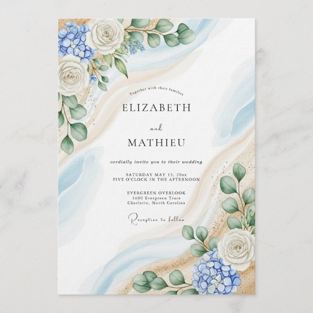 Blue & White Botanical Abstract Wedding Invitation (Front)