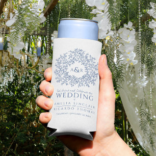 Blue white botanical monogram wedding photo  seltzer can cooler