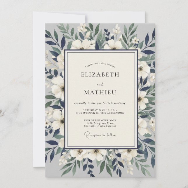 Blue White Botanical Romance Wedding Invitation (Front)