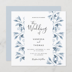 Blue white botanical script wedding invitation