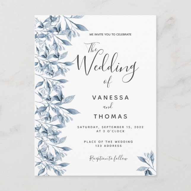 Blue white botanical wedding invitation postcard (Front)